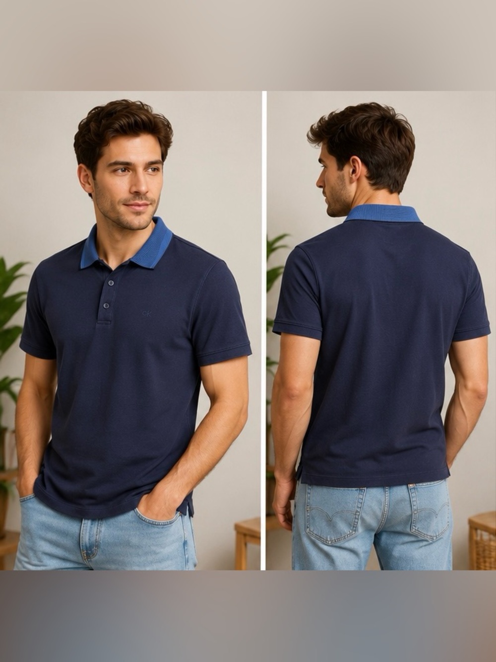 Calvin Klein Liquid Touch Navy Polo Shirt Men’s Small Blue Contrast Collar Golf